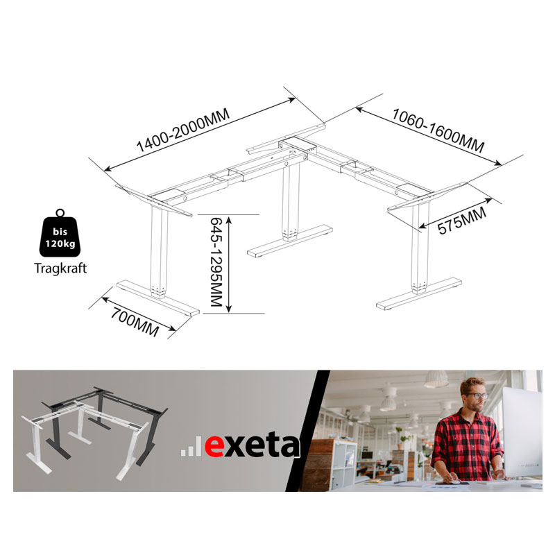 exeta ergoECK Elektrisch höhenverstellbarer Sitz-Steh-Eck-Schreibtisch